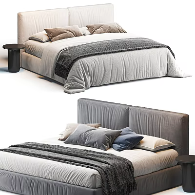 Contemporary Upholstered Double Bed With Neutral Bedding Accent Pillows And Side Nightstand 3d model
