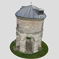 Ancient Architecture Tower With Gray Roof Stone Walls Arched Doorways And Grass