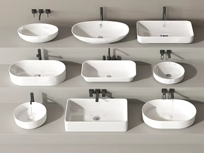 Modern Countertop Bathroom Washbasins With Various Shapes And Styles Displayed On Shelves 3d model