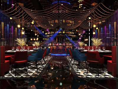Elegant Bar Interior Design With Colorful Seating Chandeliers Wine Racks And Decorative Ceiling 3d model