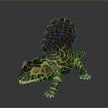 Reptile with Sail Like Fin Yellow Green Body Black Patterns Red Eyes Sharp Claws