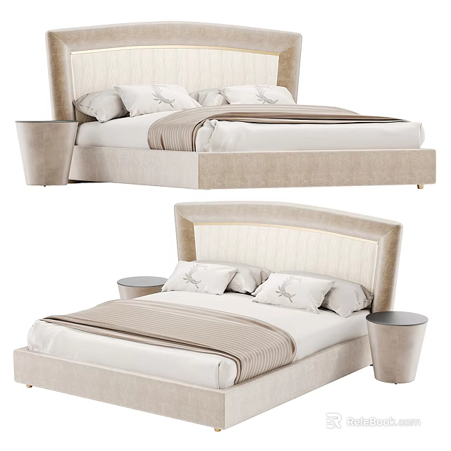 Elegant Modern Double Bed With Upholstered Headboard Soft Pillows And Bedside Tables 3d model