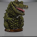 Playful Green Crocodile Figurine With Open Mouth Sharp Teeth And Wooden Base