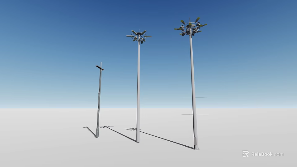 Tall Outdoor Lights with Metal Poles and Multiple Lamp Heads Against Blue Sky 3d model 