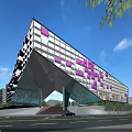 Modern Geometric Office Building Featuring Purple Panels Glass Facade Green Trees And Road With Cars