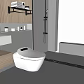 Modern Bathroom With White Smart Toilet Wooden Countertop And Glass Shower Enclosure