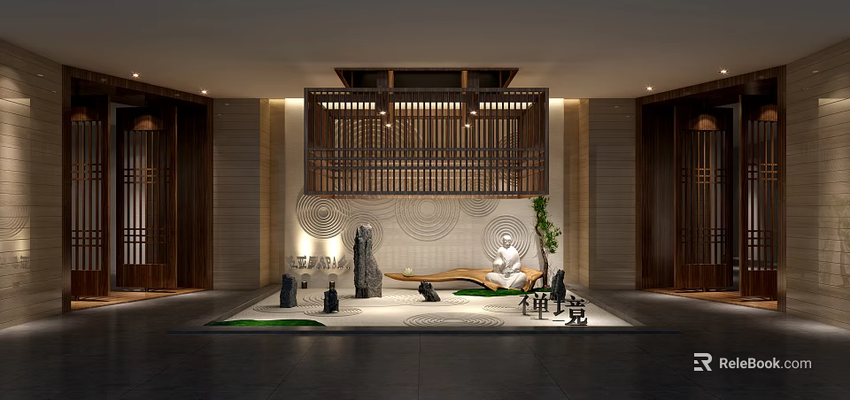 Zen Style Shop Front Desk With Wooden Lattice Decor Stone Ornaments And Green Plants 3d model 