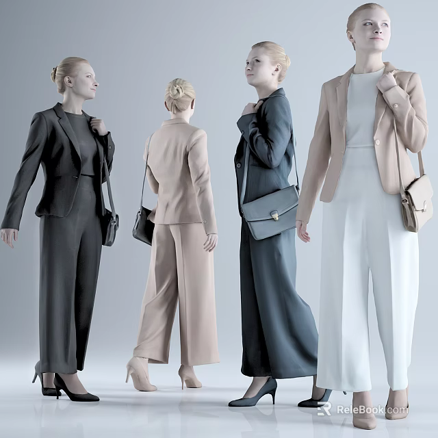 Women In Stylish Business Attire With Suits Wide Leg Pants And Handbags 3d model 
