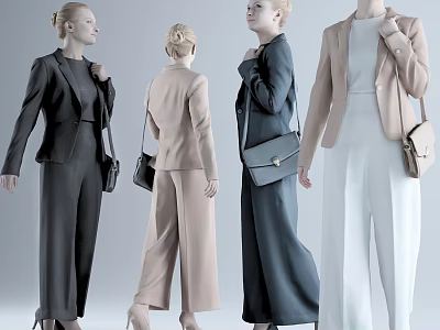 Women In Stylish Business Attire With Suits Wide Leg Pants And Handbags 3d model