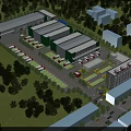 Modern Industrial Factory Building Surrounded by Trees Parking Lot with Vehicles and Surrounding Buildings