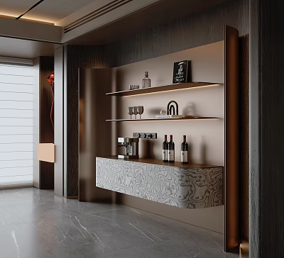 Modern Elegant Sideboard With Shelves Wine Bottles Glasses And Coffee Machine 3d model