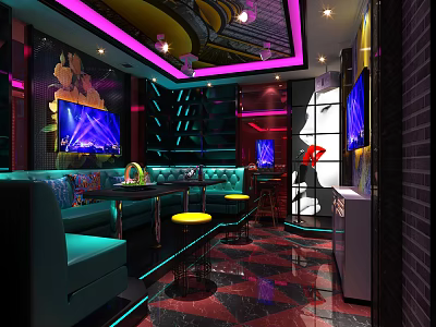 Modern KTV Interior With Blue Sofa Seating Large Screen TVs And Neon Lights 3d model
