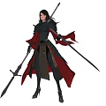 Game Movie Character in Black Armor with Red Cape and Dual Swords