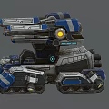Futuristic Tank With Multiple Cannons Glowing Yellow Lights Blue Gray Color Scheme And Mechanical Tracks
