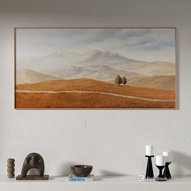 Scenic Landscape Painting With Vast Orange Hills Distant Mountains And Few Trees Under Blue Sky 3d model 
