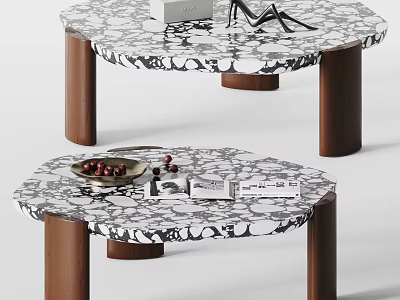 Stylish Coffee Tables Featuring Marble Pattern And Brown Wooden Legs With Decorative Items 3d model