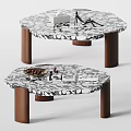 Stylish Coffee Tables Featuring Marble Pattern And Brown Wooden Legs With Decorative Items