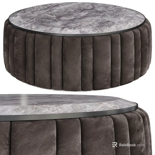 Round Dark Upholstered Ottoman With Marble Top And Vertical Tufted Design 3d model 