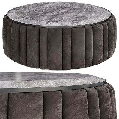 Round Dark Upholstered Ottoman With Marble Top And Vertical Tufted Design 3d model