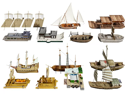 Different Types of Handcrafted Wooden Boats Including Sailing Models and Vintage Designs 3d model
