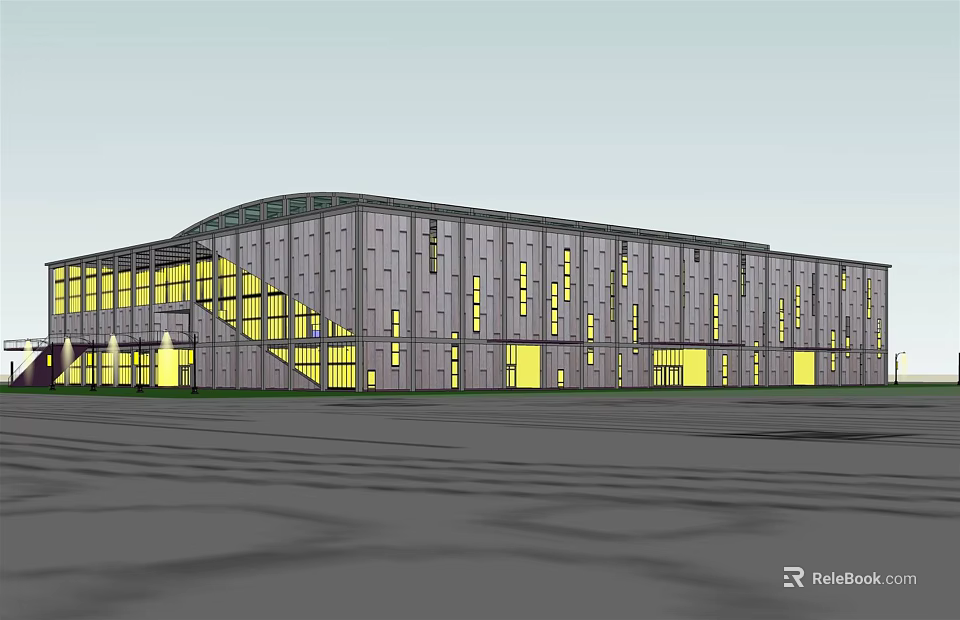 Modern Commercial Building Architecture With Gray Yellow Facade And Curved Roof Design 3d model 