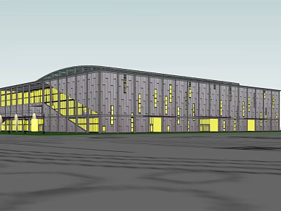Modern Commercial Building Architecture With Gray Yellow Facade And Curved Roof Design 3d model