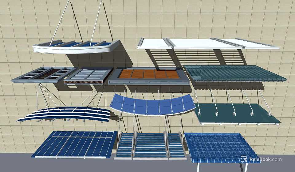 Diverse Outdoor Awnings Featuring Different Colors And Hanging Fixed Structures 3d model