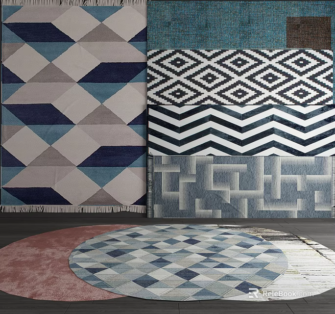 Modern Round Rug With Geometric Patterns In Blue Gray And White Tones 3d model