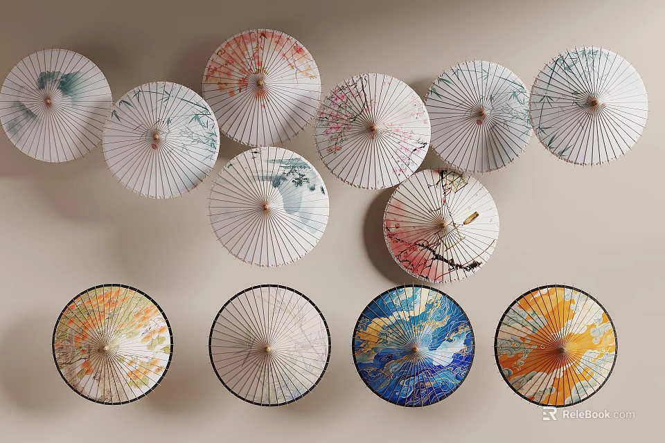 Colorful Patterned Decorative Umbrellas Neatly Hanging On Wall For Home Decoration 3d model 