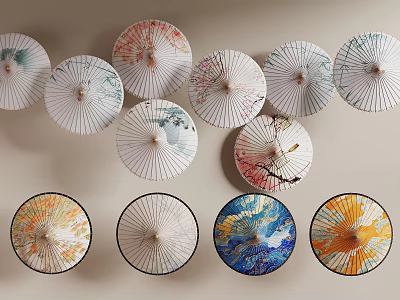 Colorful Patterned Decorative Umbrellas Neatly Hanging On Wall For Home Decoration 3d model