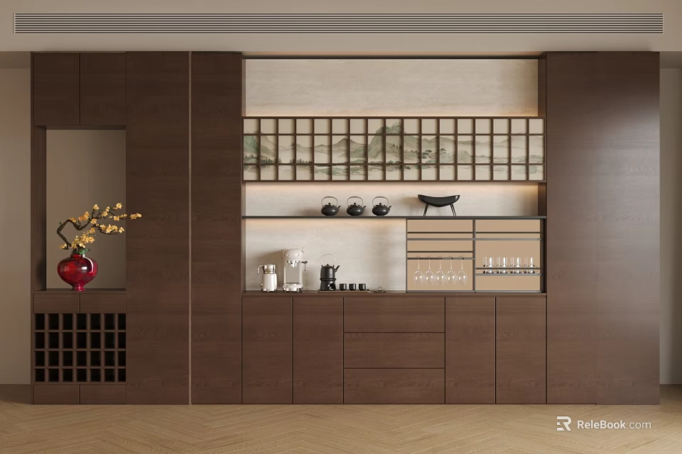 Modern Chinese Style Wooden Sideboard With Lattice Panel Teapots And Wine Bottles 3d model 