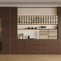 Modern Chinese Style Wooden Sideboard With Lattice Panel Teapots And Wine Bottles