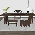 Minimalist Wooden Tea Table With Chairs Bench Bright Natural Light And Potted Plant