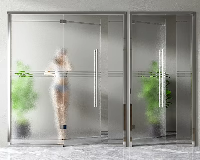 Modern Frosted Glass Shower Enclosure With Sliding Doors And Green Plants 3d model