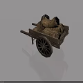 Wooden Wheelbarrow Loaded With Burlap Sacks On Light Blue Reflective Surface 3d model
