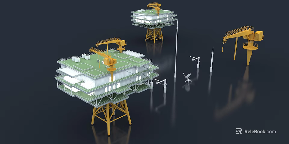 Industrial Offshore Platform With Green Roof Crane And Multi Level Support Legs Antennas 3d model 