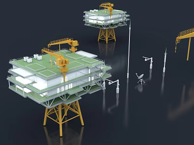 Industrial Offshore Platform With Green Roof Crane And Multi Level Support Legs Antennas 3d model