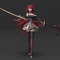 3D Model Red Haired Horned Female Character With Purple Eyes Holding Axe In Brown Outfit