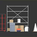 Metal Storage Shelf With Red Cart Trash Bin Cardboard Boxes And Traffic Cone