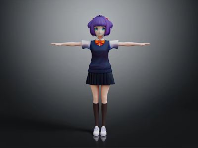 Anime Game Character With Purple Hair Dark Blue School Uniform Red Bow Tie Arms Outstretched 3d model