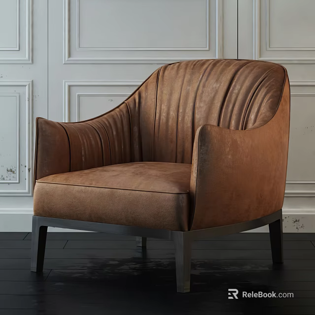 Brown Velvet Single Sofa With Vertical Stripes Curved Backrest Metal Legs Against White Paneled Wall 3d model 