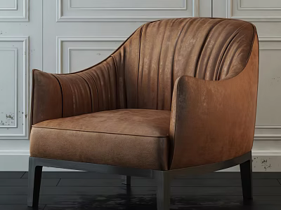 Brown Velvet Single Sofa With Vertical Stripes Curved Backrest Metal Legs Against White Paneled Wall 3d model
