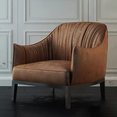 Brown Velvet Single Sofa With Vertical Stripes Curved Backrest Metal Legs Against White Paneled Wall 3d model
