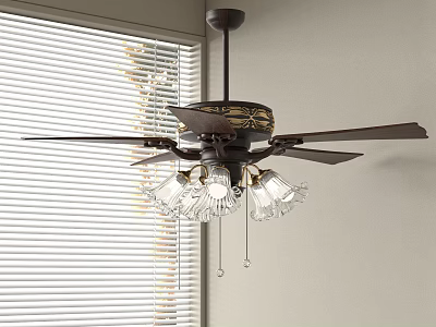 Elegant Ceiling Fan With Decorative Blades And Chandelier Lights By Window Blinds 3d model
