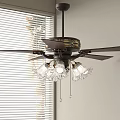 Elegant Ceiling Fan With Decorative Blades And Chandelier Lights By Window Blinds