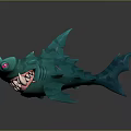 Green Spiked Shark with Open Mouth Exposed Teeth in Cartoon Style