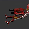Red Robot Character In Dynamic Mechanical Action Pose With Flying Debris