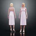Blonde Women in Pink Dresses Wearing High Heels Front and Back Against Dark Background