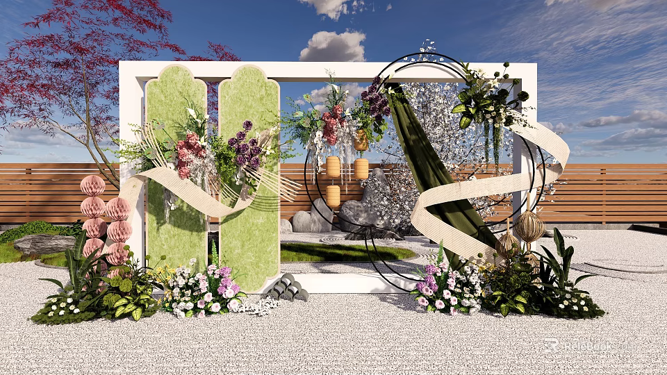 Outdoor Floral Decorative Scene With Green Arch Circular Ornaments And Colorful Flowers 3d model 