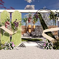 Outdoor Floral Decorative Scene With Green Arch Circular Ornaments And Colorful Flowers